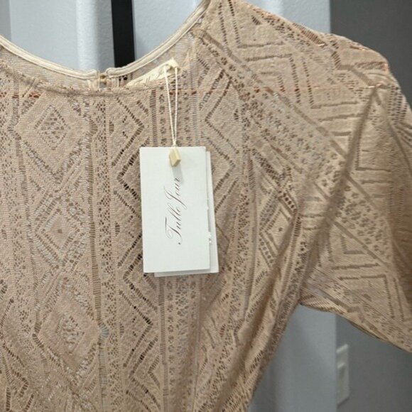 Tulle Jour Crochet Fringe Boho Western Elegant Lace Beige Pink Midi Dress XS - Picture 3 of 5